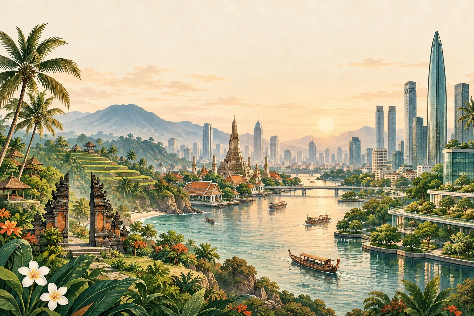 Illustration von Bali, Bangkok und Shenzhen
